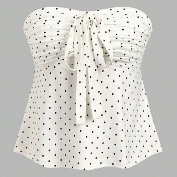 White Polka Dot Sleeveless Ruffle Tube Top Bustier Tie Front Blouse - Picture 1 of 5